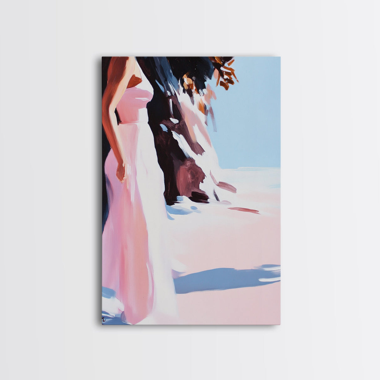 Woman in Dress, Feminine Wall Art, Beach Scene, Soft Pastel Print, Framed Canvas Print, Romantic Home Decor, Elegant Artwork