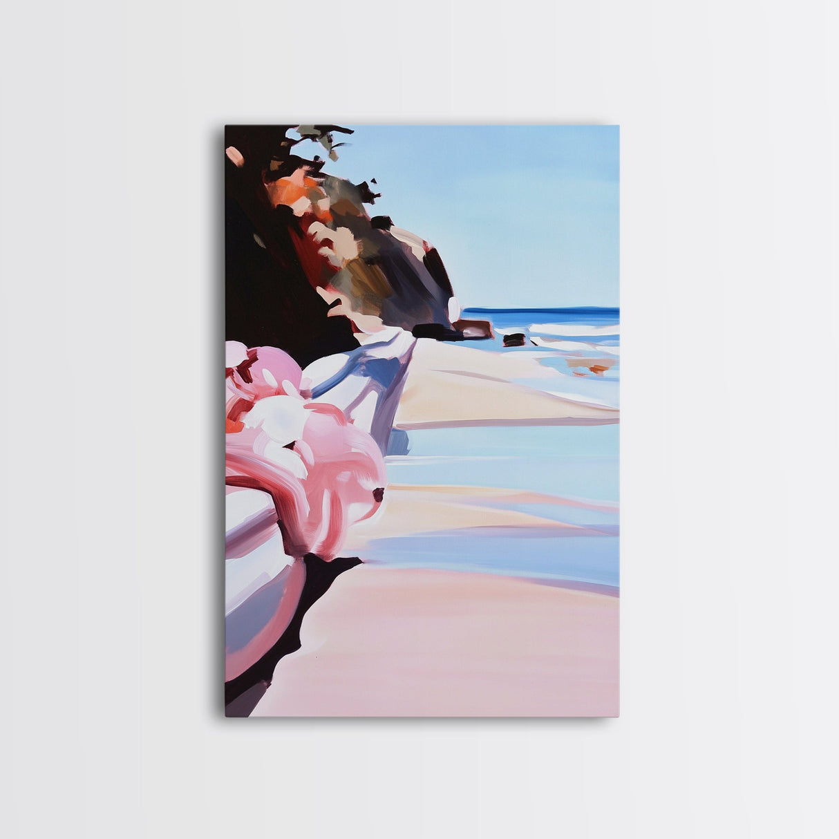 Ocean View, Coastal, Beach House, Serene, Dreamy, Pink Accents, Soft Hues, Summer, Relaxing, Minimalist, Boho, Canvas Print