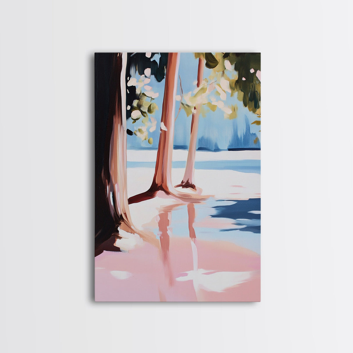 Sunset Reflection, Tranquil Beach, Serene Landscape, Ocean Serenity, Pink Skies, Relaxing Vibes, Framed Canvas Print, Living Room