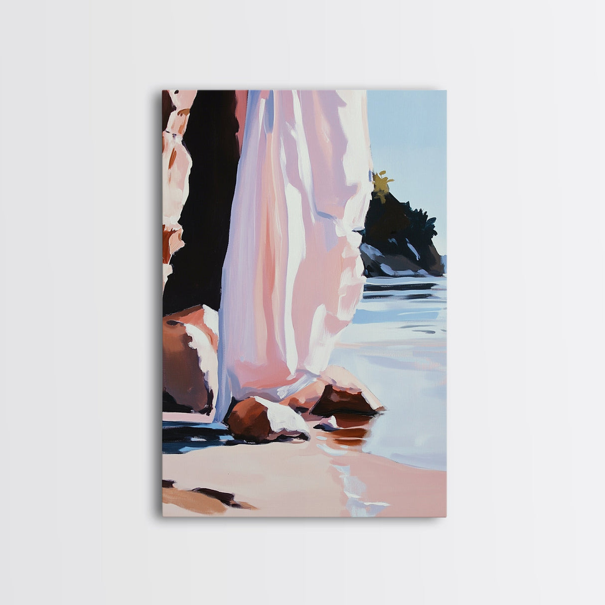 Seaside Cliffs, Coastal Abstract, Modern Beach Art, Ocean Painting, Minimalist Seascape, Blue and Pink Decor, Framed Canvas Print