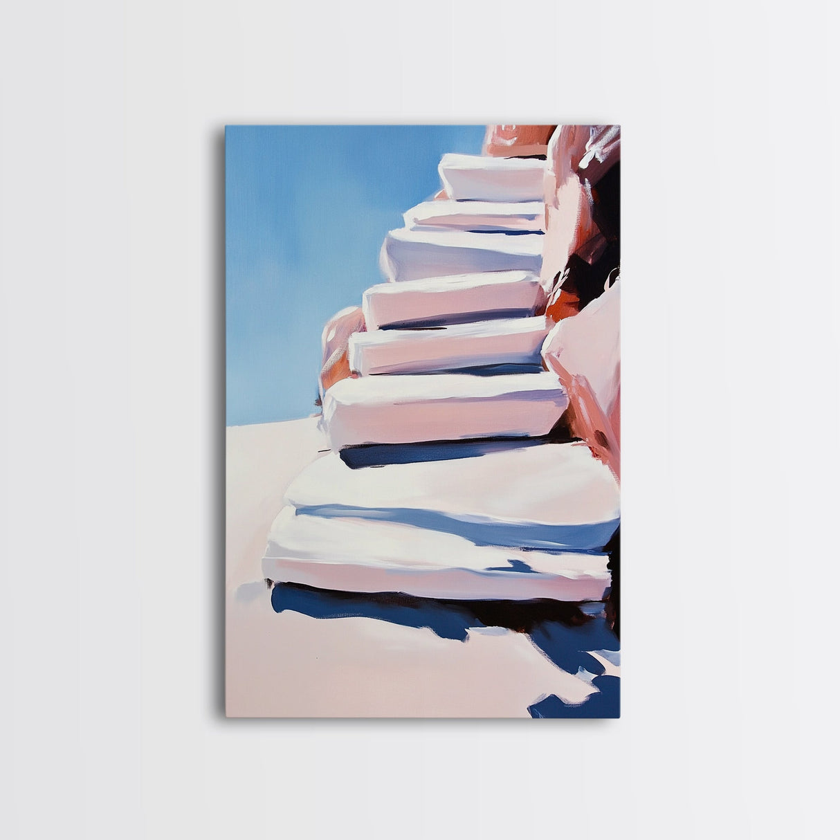 Stairway To Sky, Abstract Architecture, Minimalist Art, Modern Wall Decor, Soft Pastel Tones, Framed Canvas Print, Bedroom