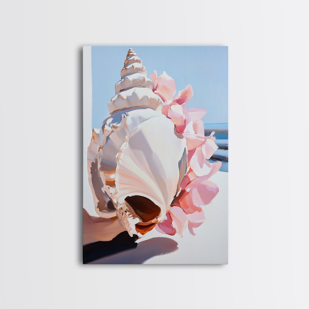 Seashell, Pink Flowers, Beach Aesthetic, Coastal Wall Art, Framed Canvas Print, Nautical Decor, Ocean Lover, Bedroom Art