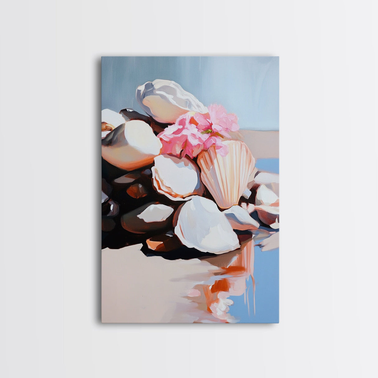 Seashell Collection, Beach Treasures, Coastal Aesthetic, Nautical Wall Art, Framed Canvas Print, Ocean Decor, Living Room Artwork