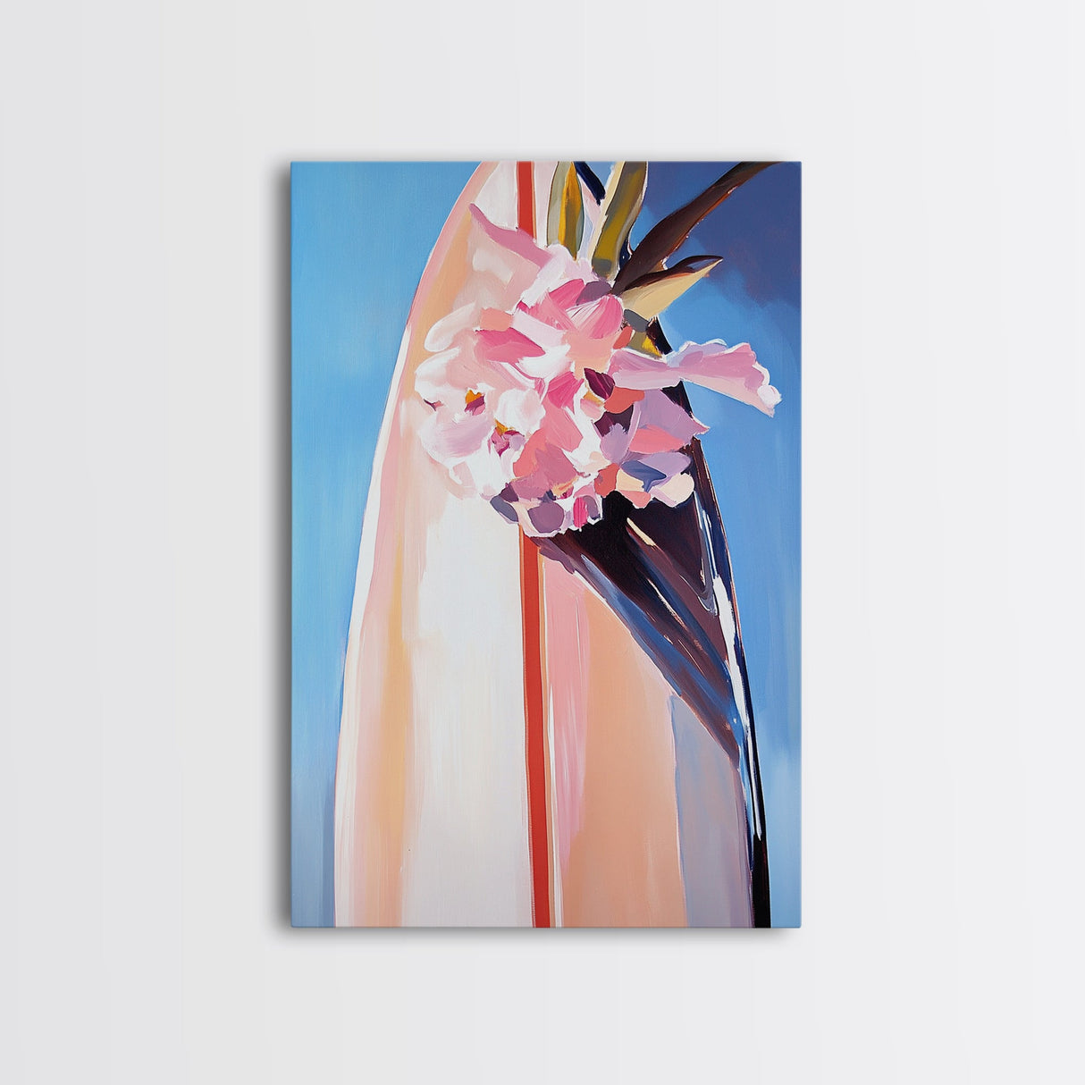 Surfboard Flowers, Tropical Boho Art, Framed Canvas Print, Coastal Wall Decor, Pastel Summer Painting, Beach Aesthetic, Minimalist Art