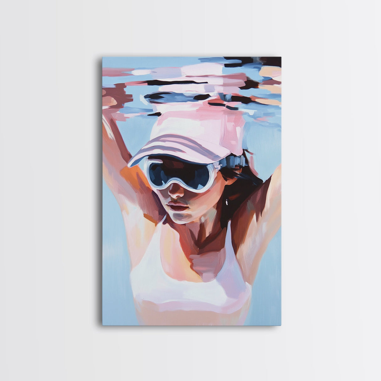Woman swimming, Coastal Serenity Art, Framed Canvas Print, Modern Beach House Decor, Soft Pastel Seascape, Minimalist Landscape Painting