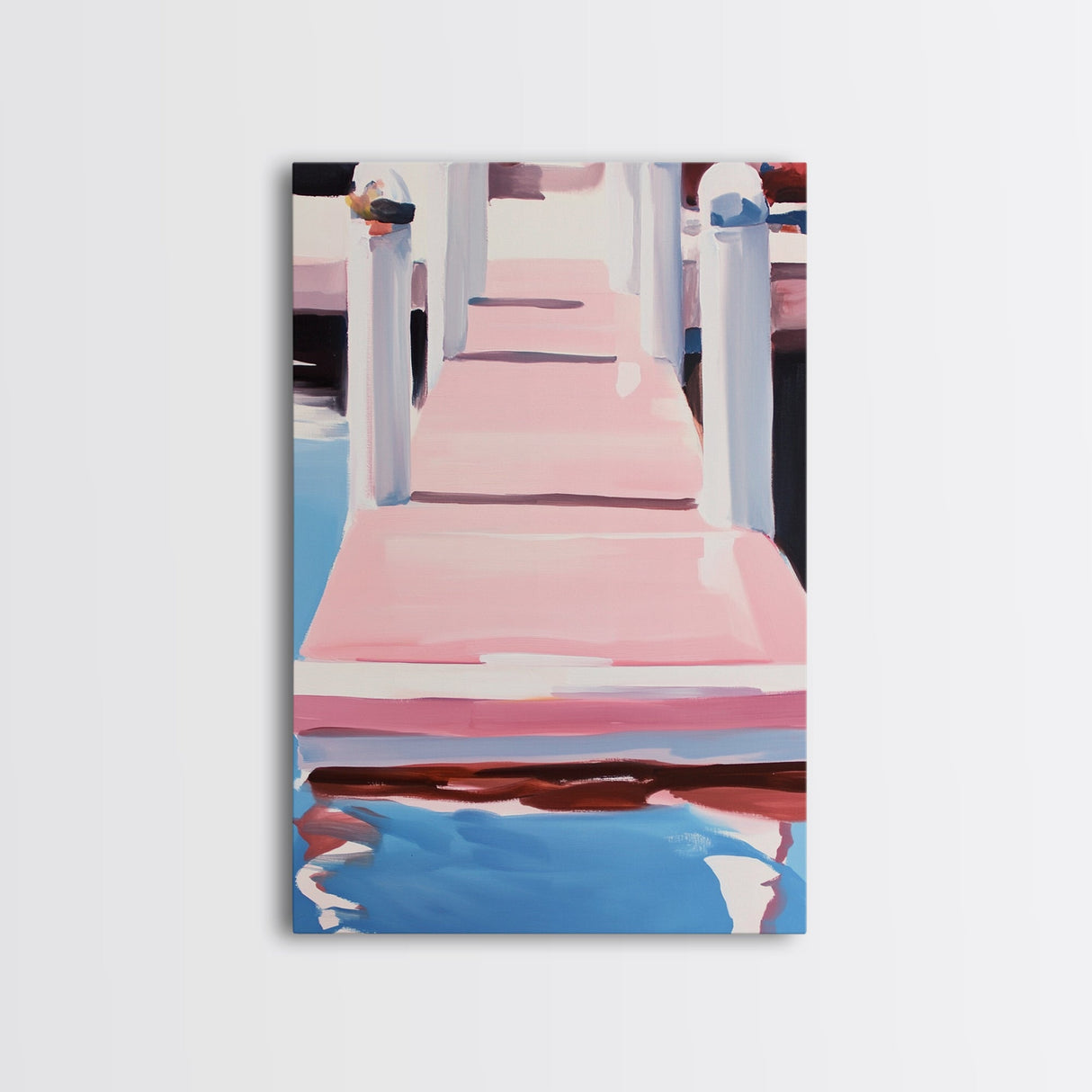 Pink Dock, Coastal Home Art, Framed Canvas Print, Nautical Wall Decor, Modern Seaside Painting, Pastel Summer Aesthetic, Beach House Art