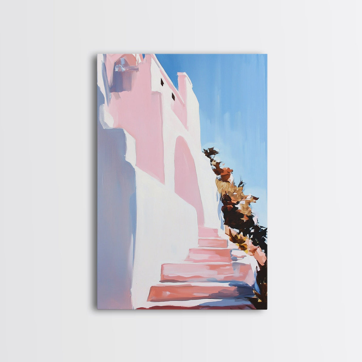 Mediterranean Steps, Coastal Wall Art, Santorini Print, Blue and Pink Decor, Travel Painting, Framed Canvas Print, Living Room Art