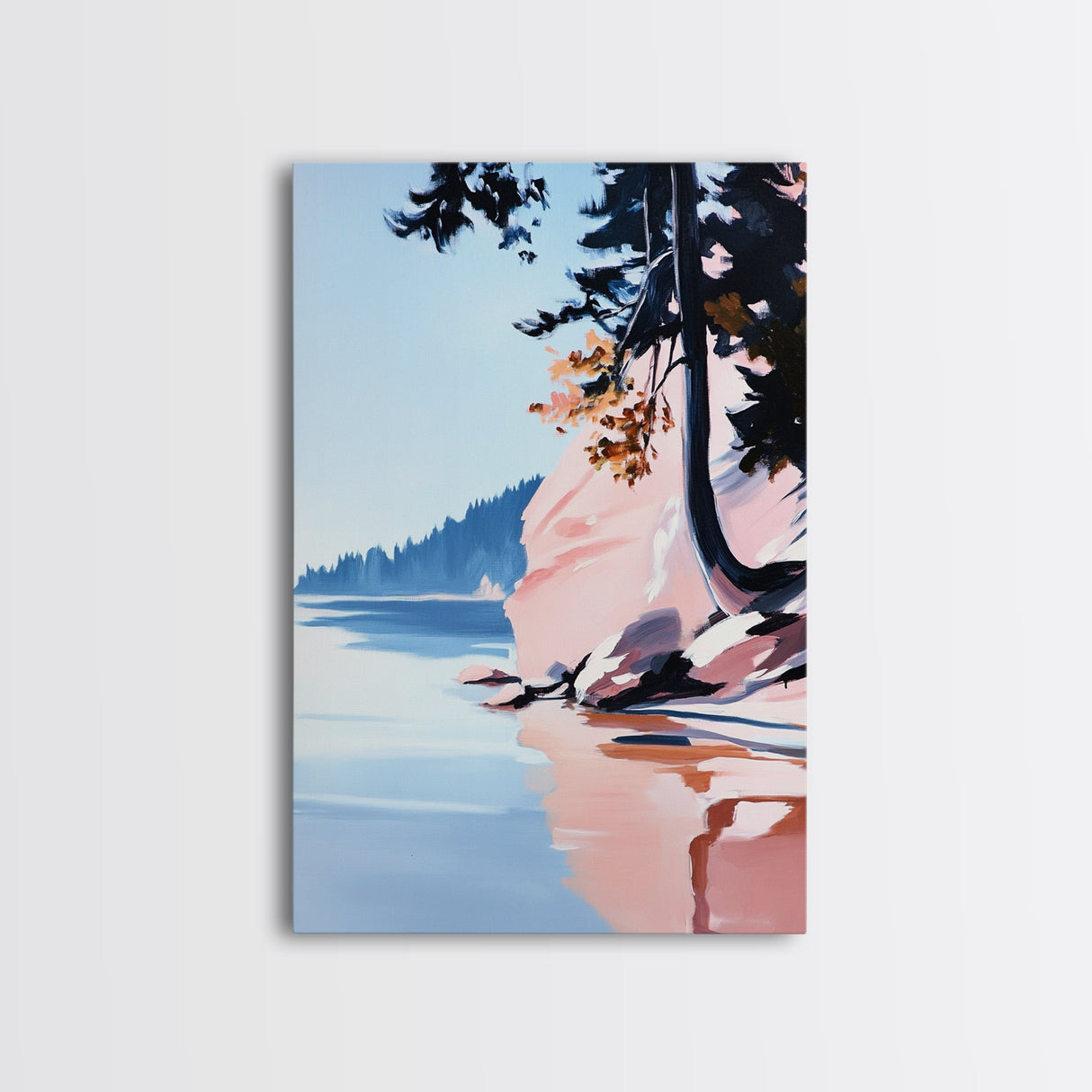 Lakeview Landscape Art, Serene Nature Print, Modern Forest Painting, Tranquil Coastal Scene, Framed Canvas Print, Living Room Wall Art