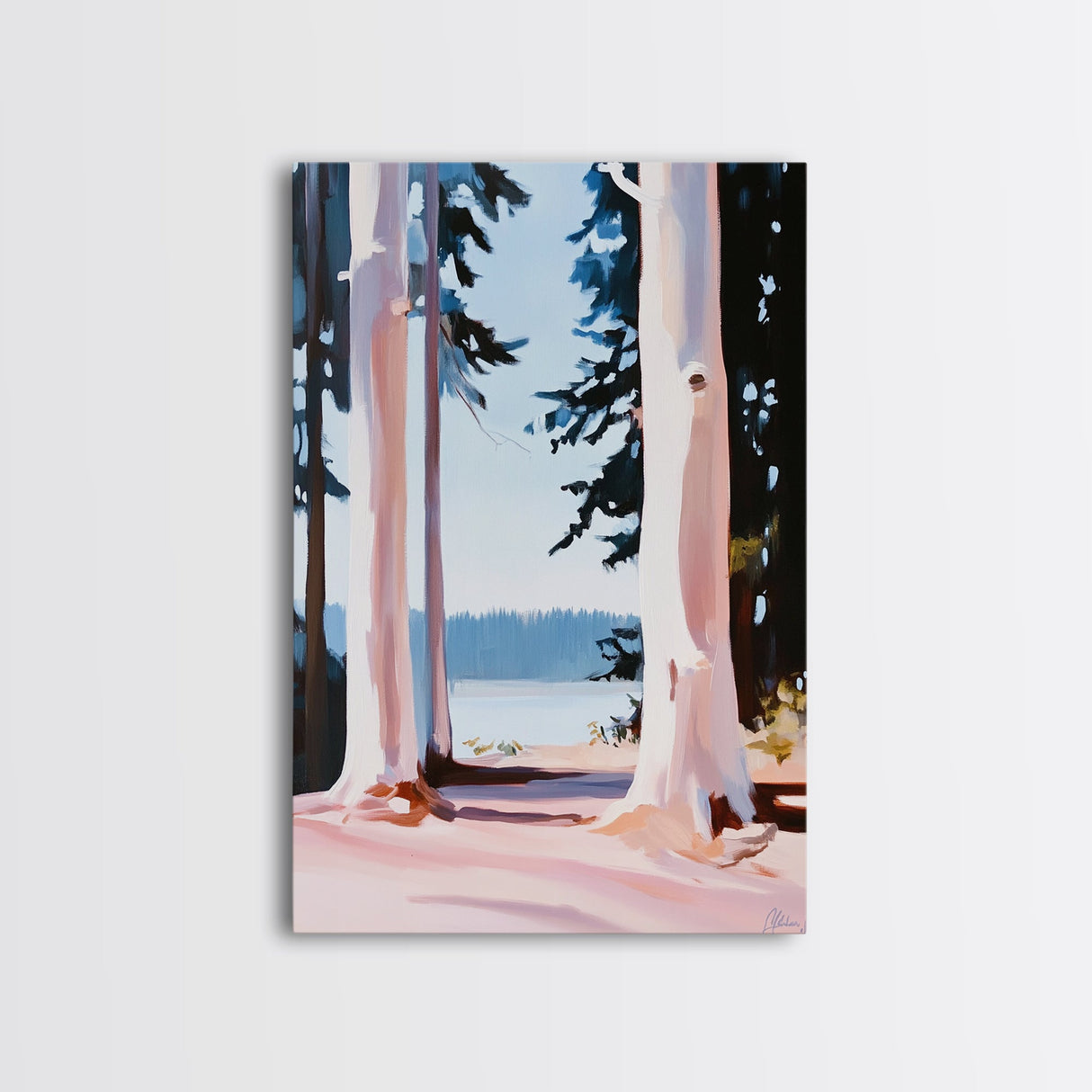 Forest Lake Scene, Tranquil Nature Painting, Minimalist Woodland Print, Blue and Pink Aesthetic, Framed Canvas Print, Bedroom Wall Art
