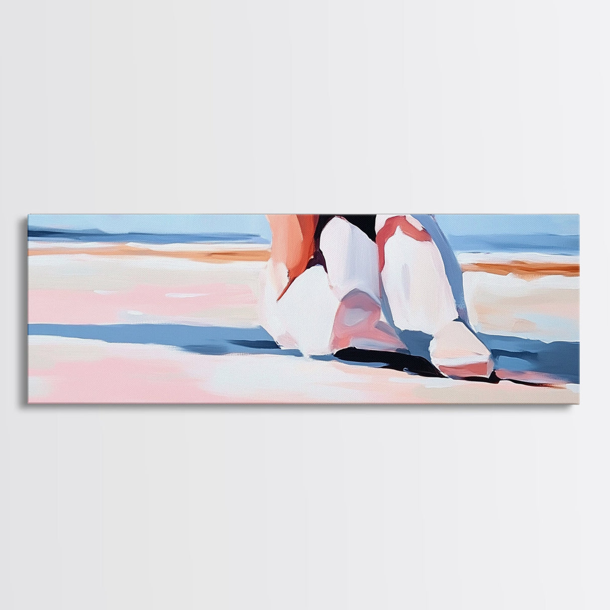 Woman, Pink Dress, Ocean Waves, Framed Canvas Print, Feminine Wall Art, Romantic Beach Scene, Soft Pastel Aesthetic, Dreamy Home Decor