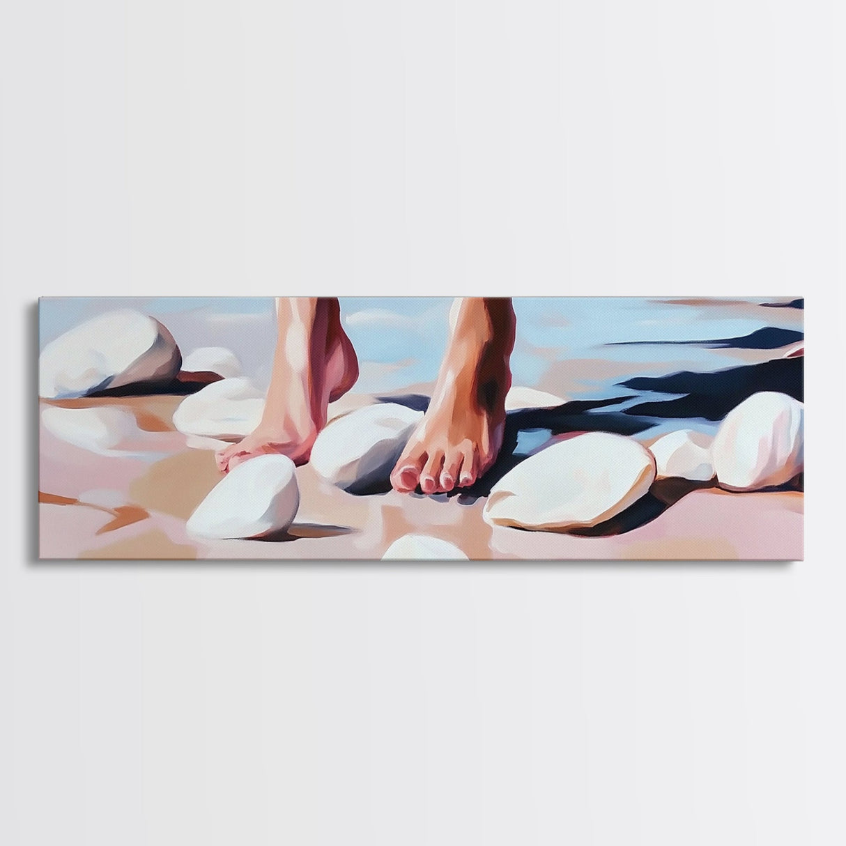 Barefoot, Water, Stones, Canvas Print, Beach Aesthetic, Coastal Artwork, Relaxing Wall Art, Minimalist Decor, Bedroom or Bathroom Art