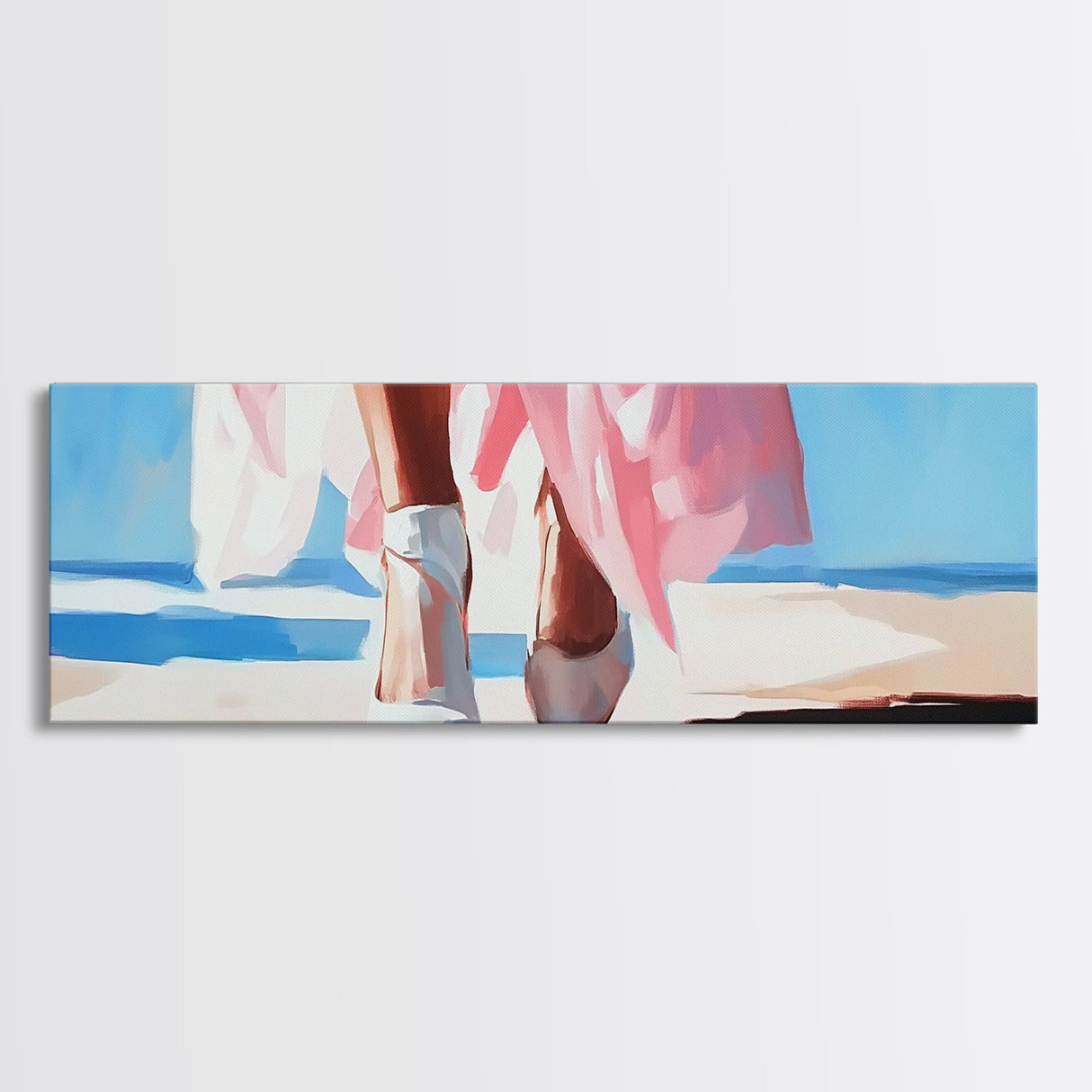 Walking on Beach, Pink Skirt, Ocean Waves, Coastal Feminine Art, Elegant Wall Decor, Canvas Print, Bedroom Wall Art, Summer Aesthetic