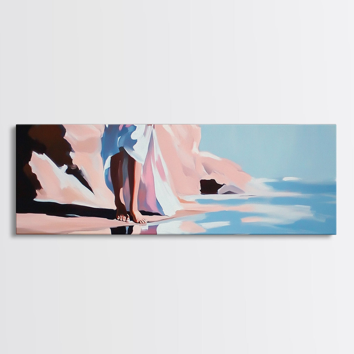 Woman Walking, Elegant Art, Coastal Chic, Bedroom Wall Art, Fashion Illustration, Soft Pastel Tones, Framed Canvas Print, Feminine Decor