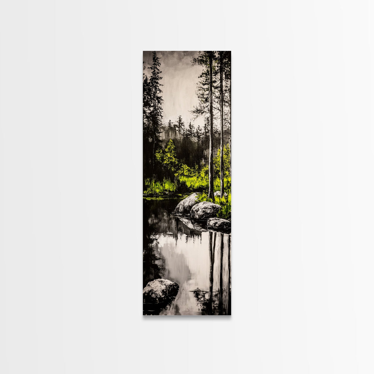 Tranquil River, Black White Nature, Reflective Water Scene, Forest Wall Decor, Rustic Landscape, Living Room Art, Framed Canvas Print