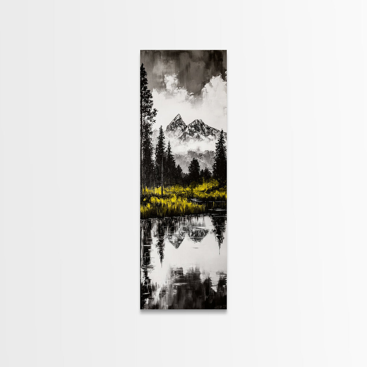 Twin Peaks, Forest Reflection, Framed Canvas Print, Mountain Art, Nature Decor, Rustic Landscape, Black and White Art, Bedroom Art