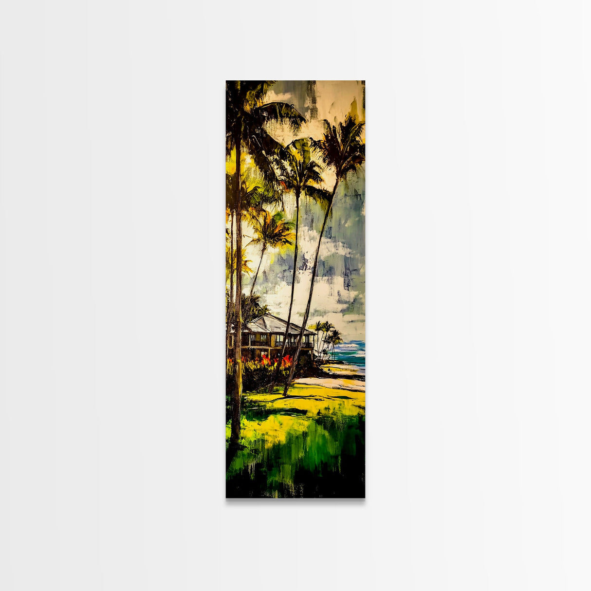Tropical Landscape Painting, Palm Tree Art, Beach House Wall Decor, Coastal Summer Art, Vibrant Green and Yellow Art, Framed Canvas Print
