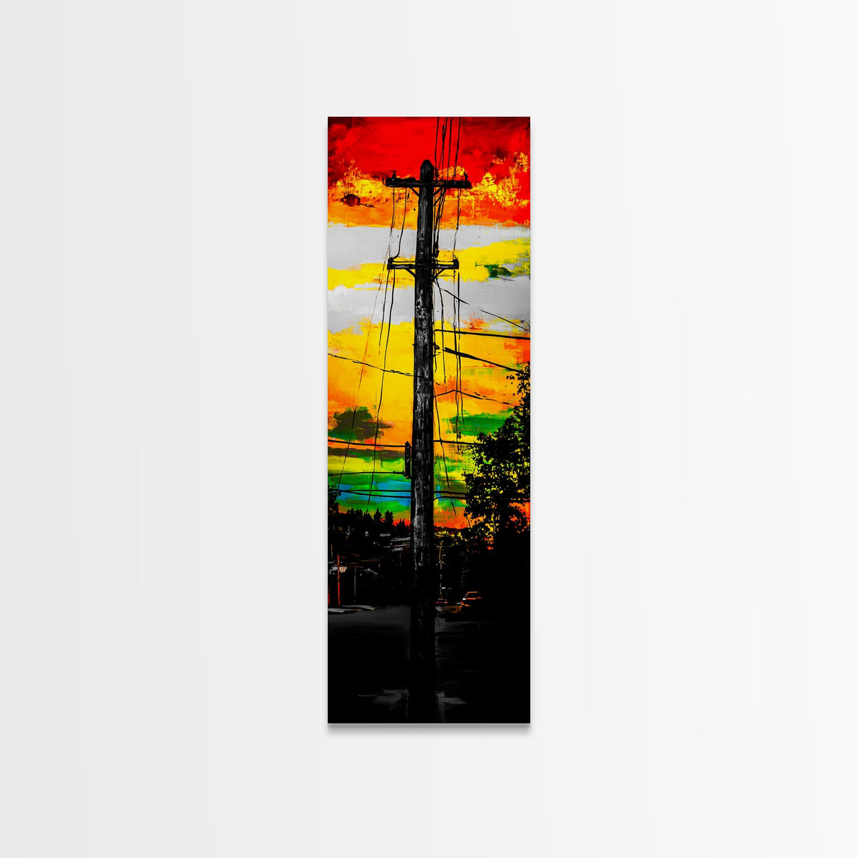 Sunset Utility Pole, Electric Lines, Urban Contrast, Canvas Print, Industrial Wall Art, Bold Colorful Decor, Modern Living Room Art