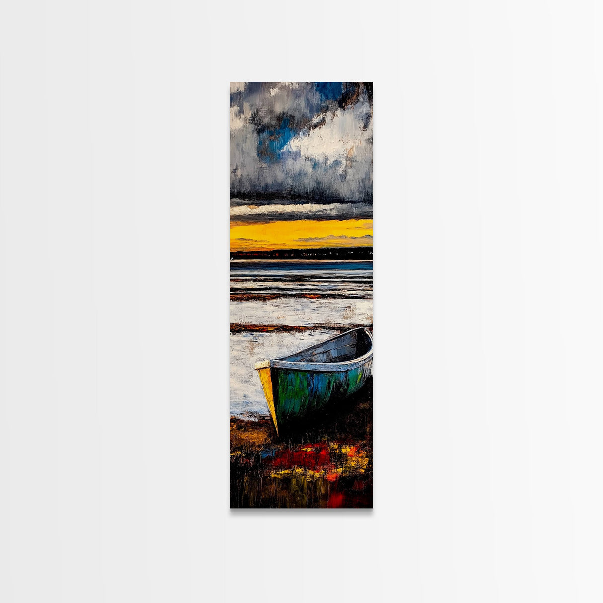 Boat on Shore, Sunset Painting, Coastal Decor, Nautical Wall Art, Framed Canvas Print, Living Room Art, Rustic Seascape, Ocean Scene