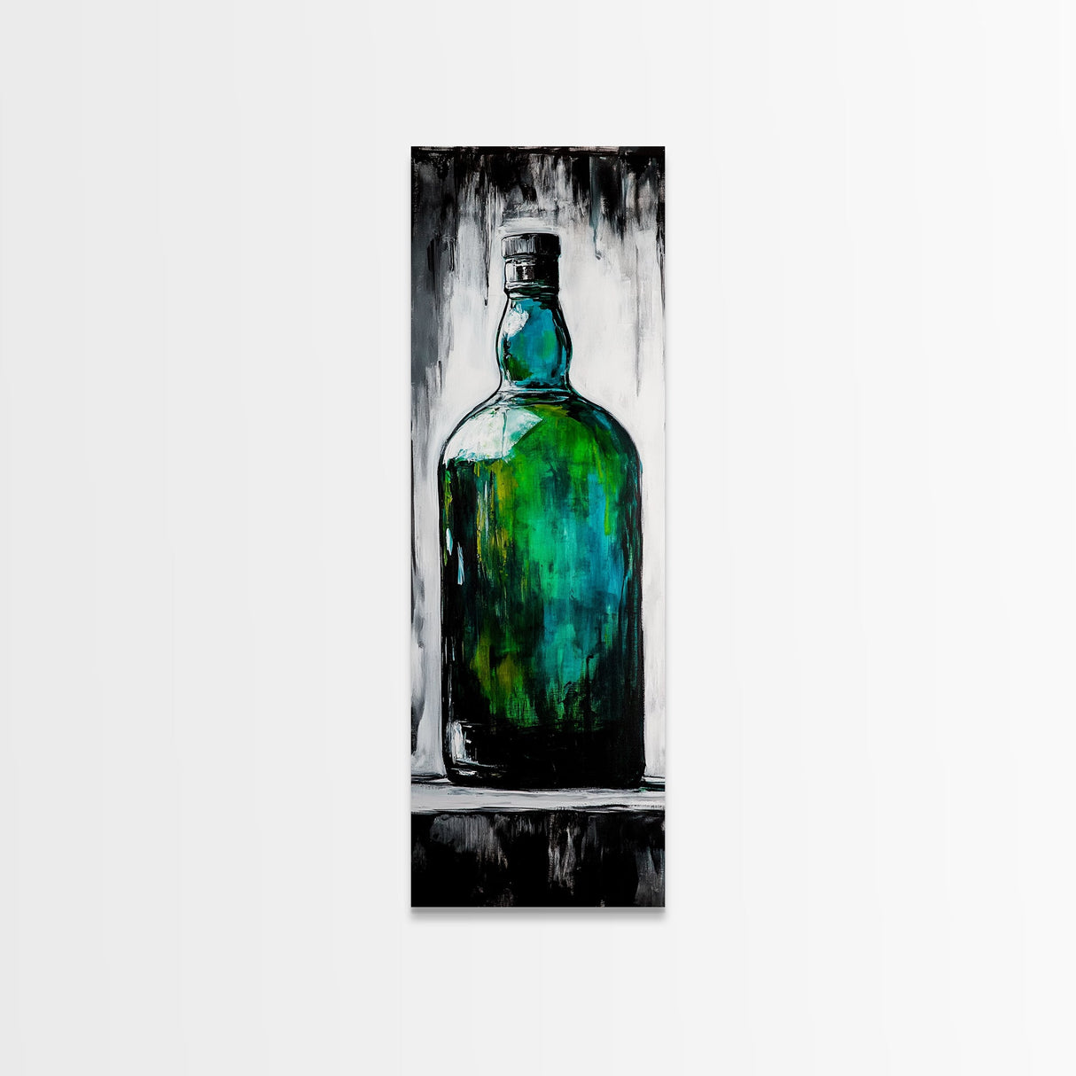 Green Glass Bottle, Modern Still Life, Minimalist Art, Contemporary Home Decor, Framed Canvas Print, Kitchen Wall Art, Vibrant Artwork