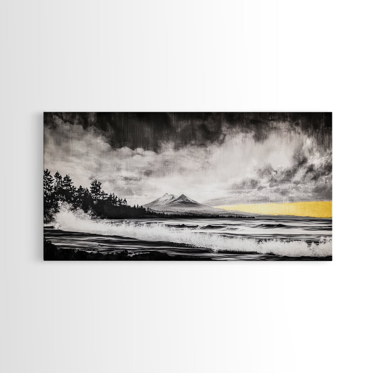 Stormy Ocean, Mountain View, Dramatic Landscape, Coastal Art, Black and White, Framed Canvas Print, Modern Wall Art, Office Decor