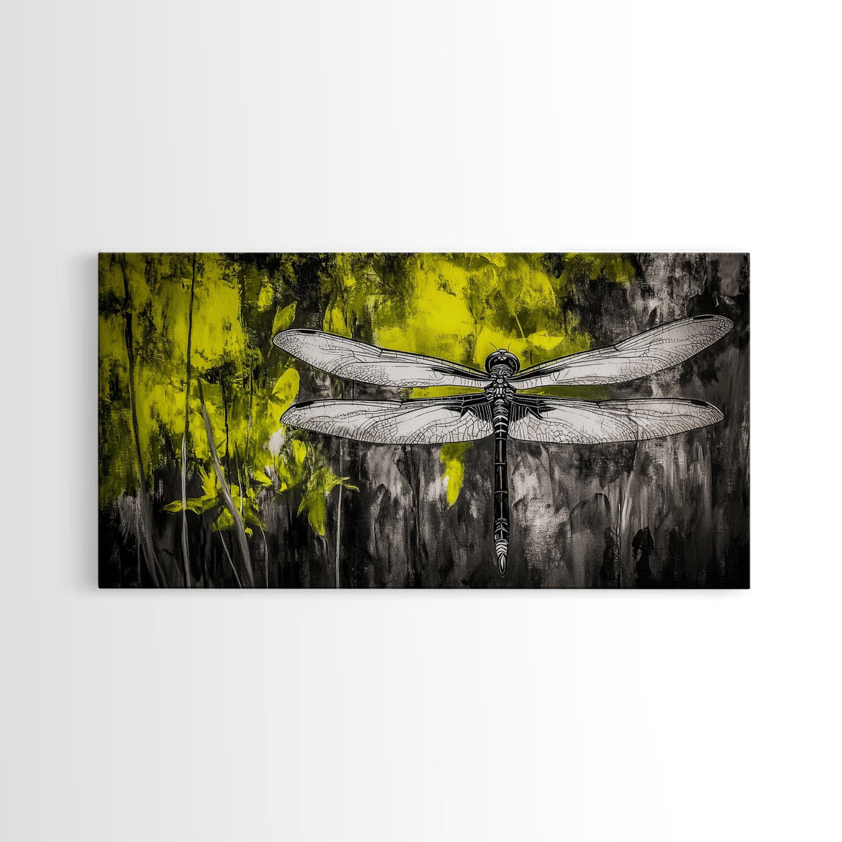 Dragonfly Art, Nature Insect, Modern Botanical, Black and White Sketch, Yellow Green Abstract, Framed Canvas Print, Bedroom Wall Decor