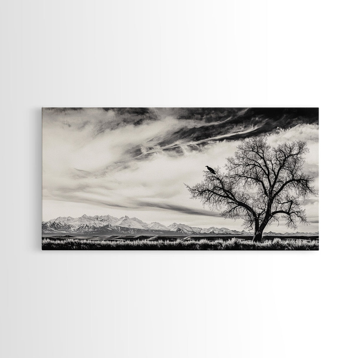 Lone Tree, Monochrome Landscape, Dramatic Sky, Framed Canvas Print, Moody Wall Art, Nature Scene, Modern Rustic Decor, Entryway Wall Art
