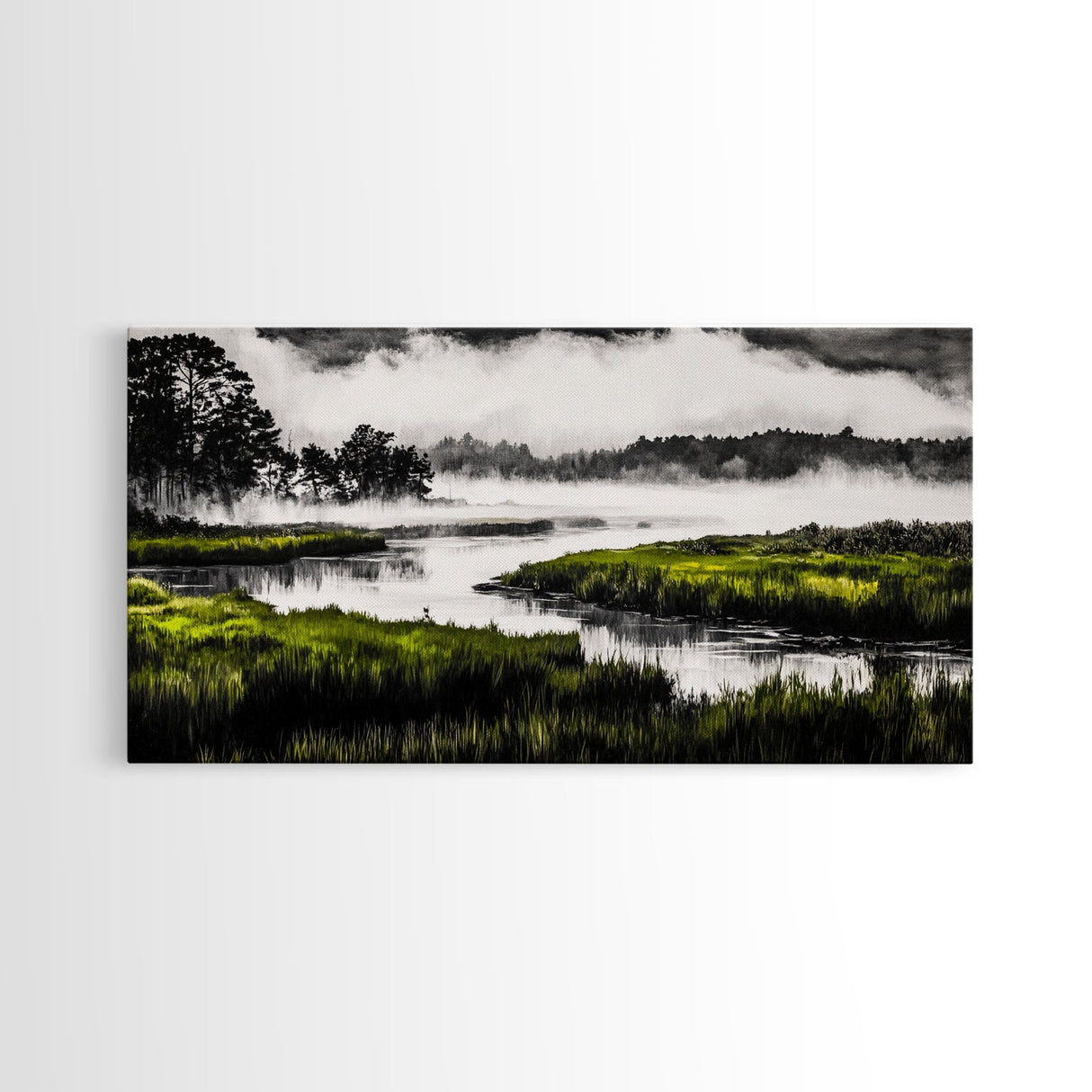 Misty Marsh, Green Landscape, Nature Lover Art, Framed Canvas Print, Serene Wall Art, Living Room Art, Minimalist Decor