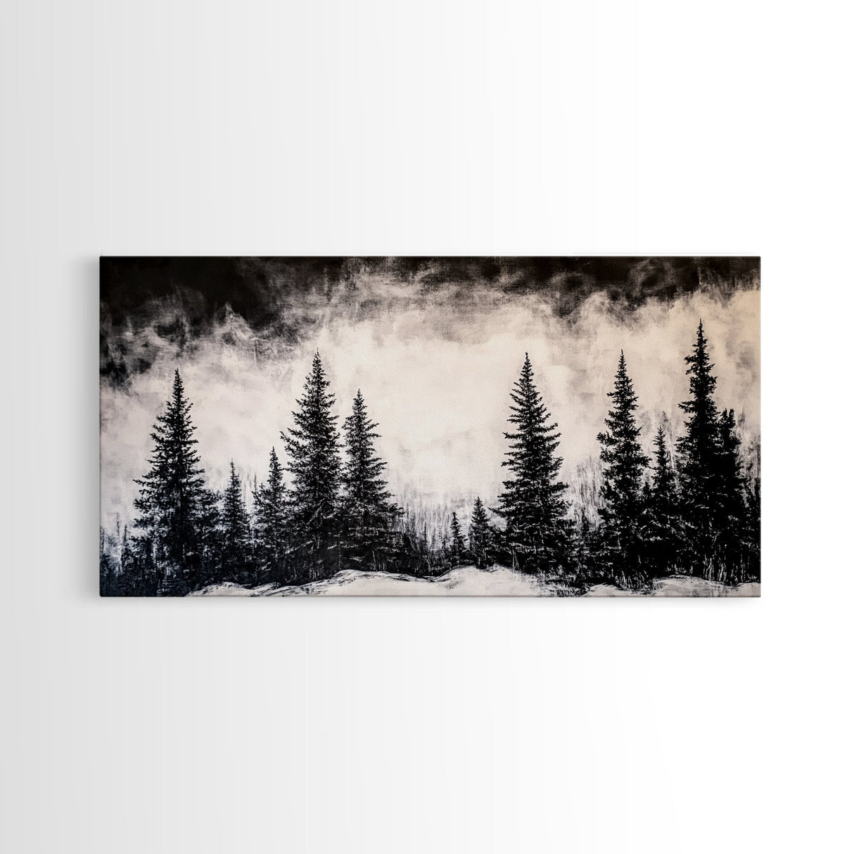 Pine Trees, Fog, Winter, Black and White, Framed Canvas Print, Mountain Art, Rustic Cabin Decor, Christmas Gift, Minimalist Home Wall Art