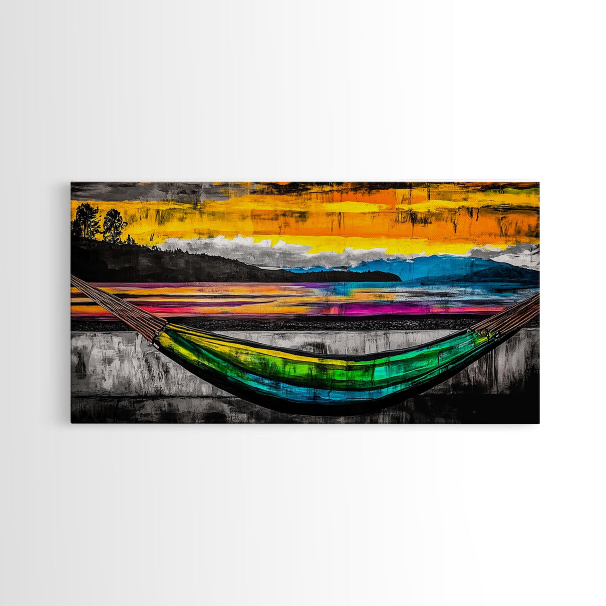 Hammock Sunset Relaxation Art, Framed Canvas Print, Colorful Beach Wall Art, Tropical Home Decor, Vibrant Living Room Art, Boho Art