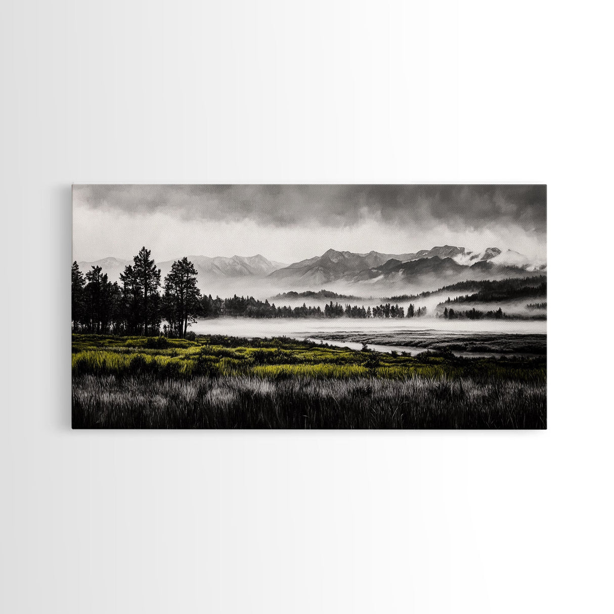 Foggy Forest, Mountain Landscape, Monochrome Wall Art, Framed Canvas Print, Modern Home Decor, Living Room Artwork, Nature Print