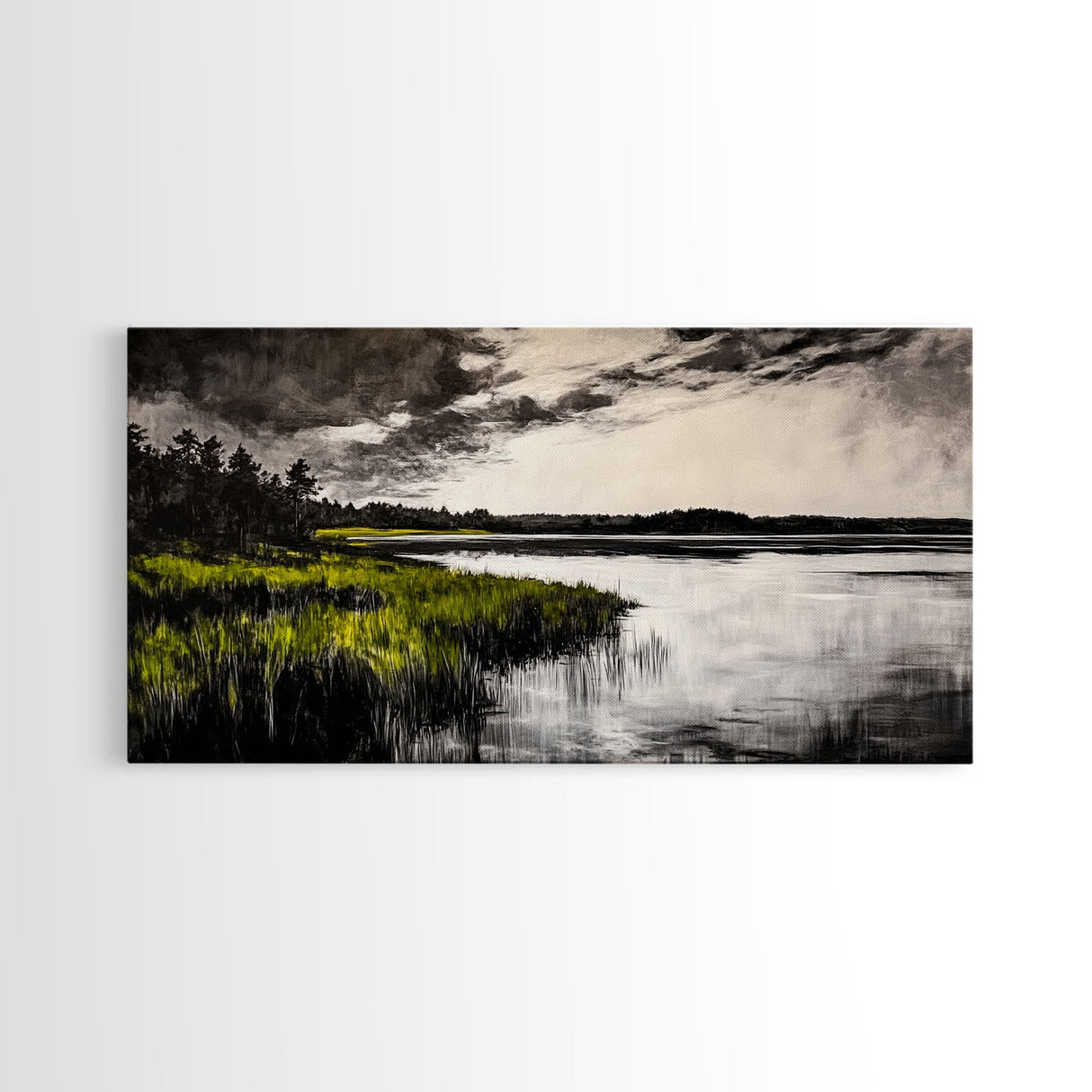 Marshland, Moody Sky, Lakeside View, Canvas Print, Nature Photography, Living Room Wall Art, Rustic Landscape, Neutral Tones Decor