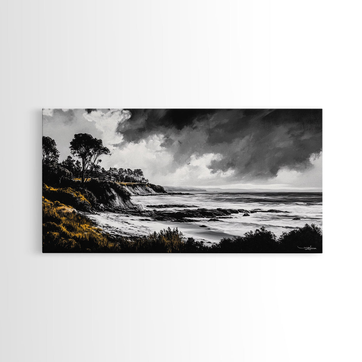 Stormy Coast, Dramatic Sky, Black and White Seascape, Framed Canvas Print, Coastal Wall Art, Large Landscape, Entryway Decor, Moody Art