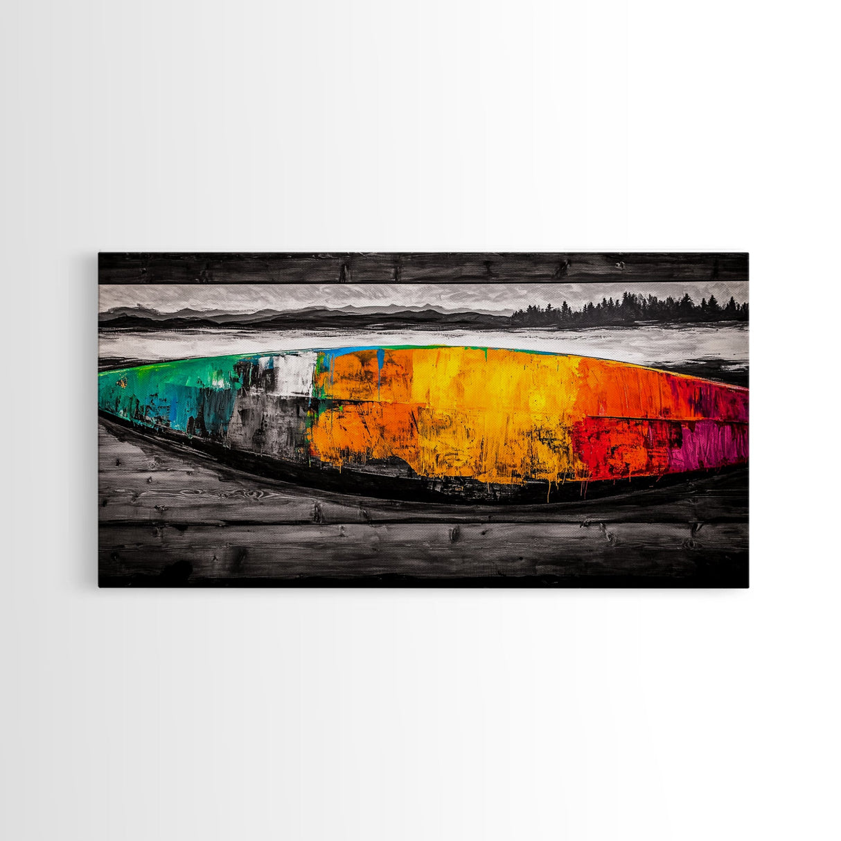 Abstract Canoe, Vibrant Boat Painting, Coastal Art, Modern Boho Decor, Colorful Wall Art, Framed Canvas Print, Dining Room Accent
