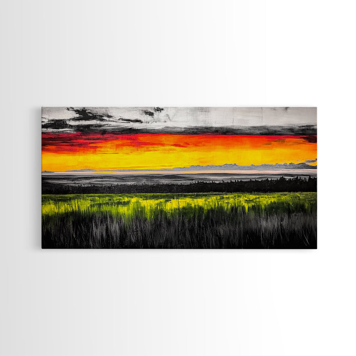 Sunset Meadow, Vibrant Sky Over Rolling Hills, Nature Landscape Painting, Bold Color Art, Canvas Print, Farmhouse Decor, Dining Room Art