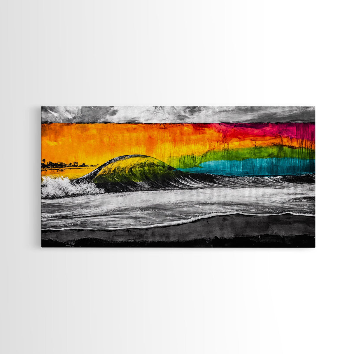 Colorful Wave, Tropical Sunset, Surf Art, Canvas Print, Beach Wall Art, Coastal Decor, Vibrant Ocean Painting, Framed Canvas Print, Large Wall Art