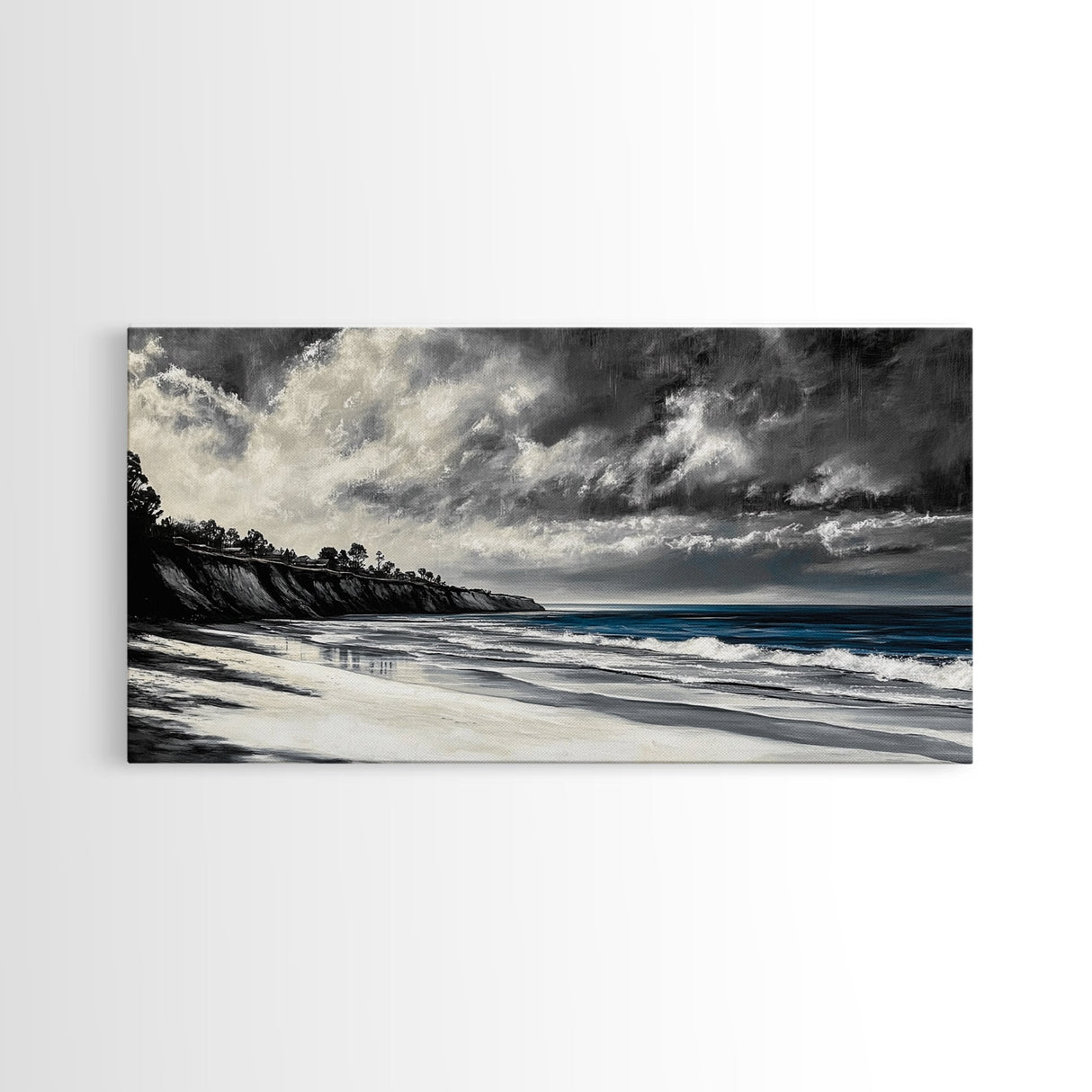 Moody Seascape, Stormy Ocean, Dramatic Sky, Beach Wall Art, Black and White Coastal Decor, Framed Canvas Print, Large Landscape Art