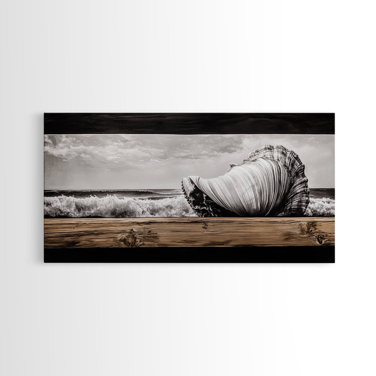 Seashell and Waves, Nautical Art, Coastal Beach Decor, Black and White Seascape, Ocean Home Art, Framed Canvas Print, Elegant Art