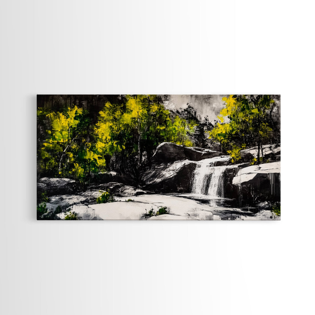 Waterfall Scene, Nature Art, Black and White Landscape, Rustic Cabin Decor, Wilderness Painting, Relaxing Wall Art, Canvas Print