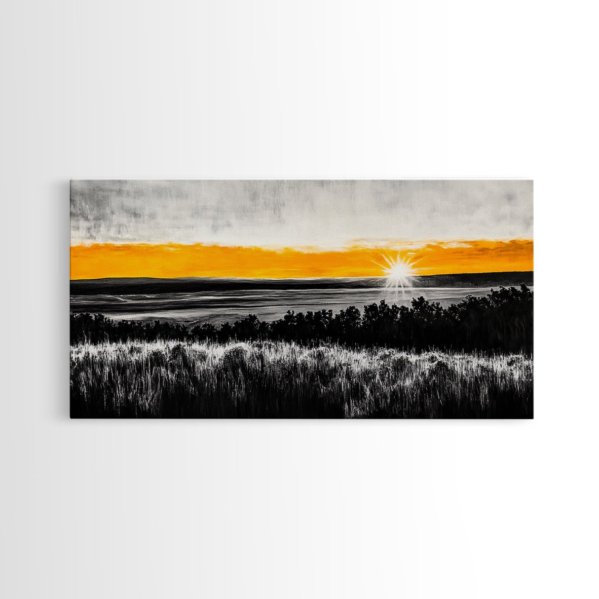 Sunrise Over Fields, Golden Light, Black and White Contrast, Tranquil Scene, Minimalist Wall Art, Warm Tones, Framed Canvas Print