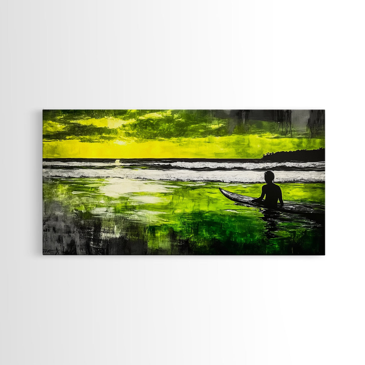 Surfer Waiting, Ocean Art, Tropical Canvas Print, Vibrant Green, Modern Wall Art, Surfing Decor, Beach House Vibes, Coastal Painting