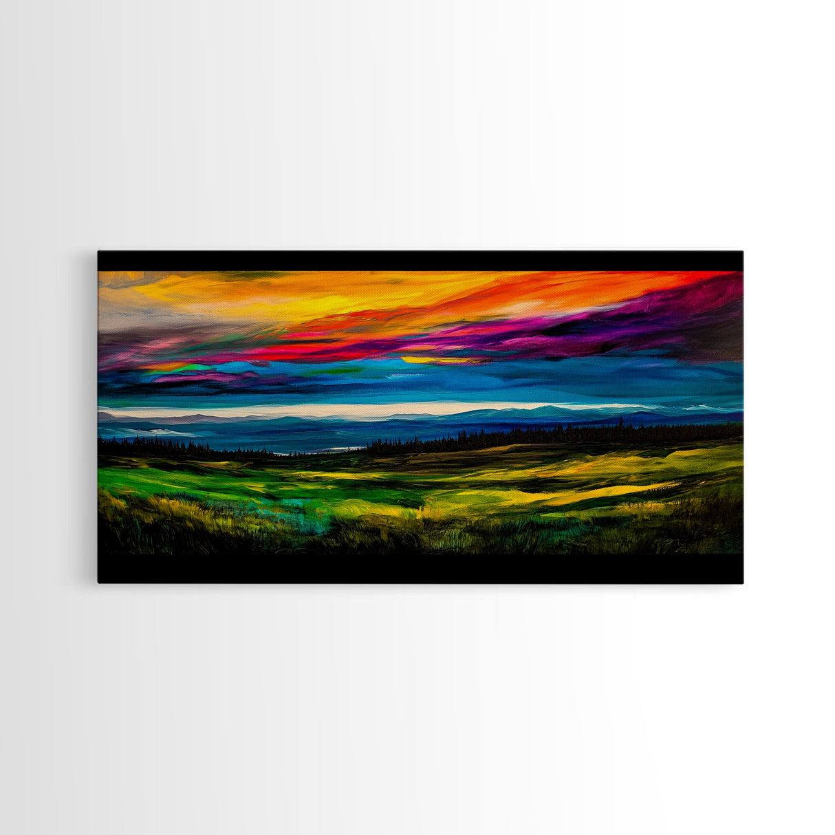 Mountain Sunset, Vibrant Colorful Sky, Nature Painting, Canvas Print, Boho Wall Art, Living Room Wall Art, Large Landscape Decor