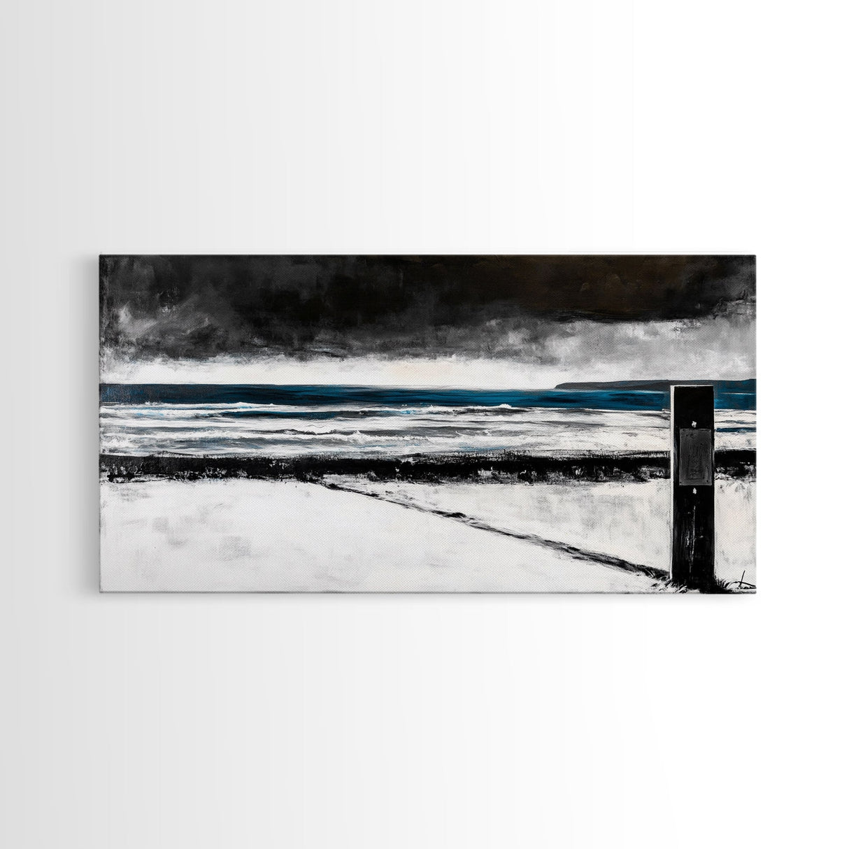 Stormy Beach Scene, Moody Ocean Painting, Coastal Wall Art, Dark Seascape Print, Framed Canvas Print, Dramatic Home Decor