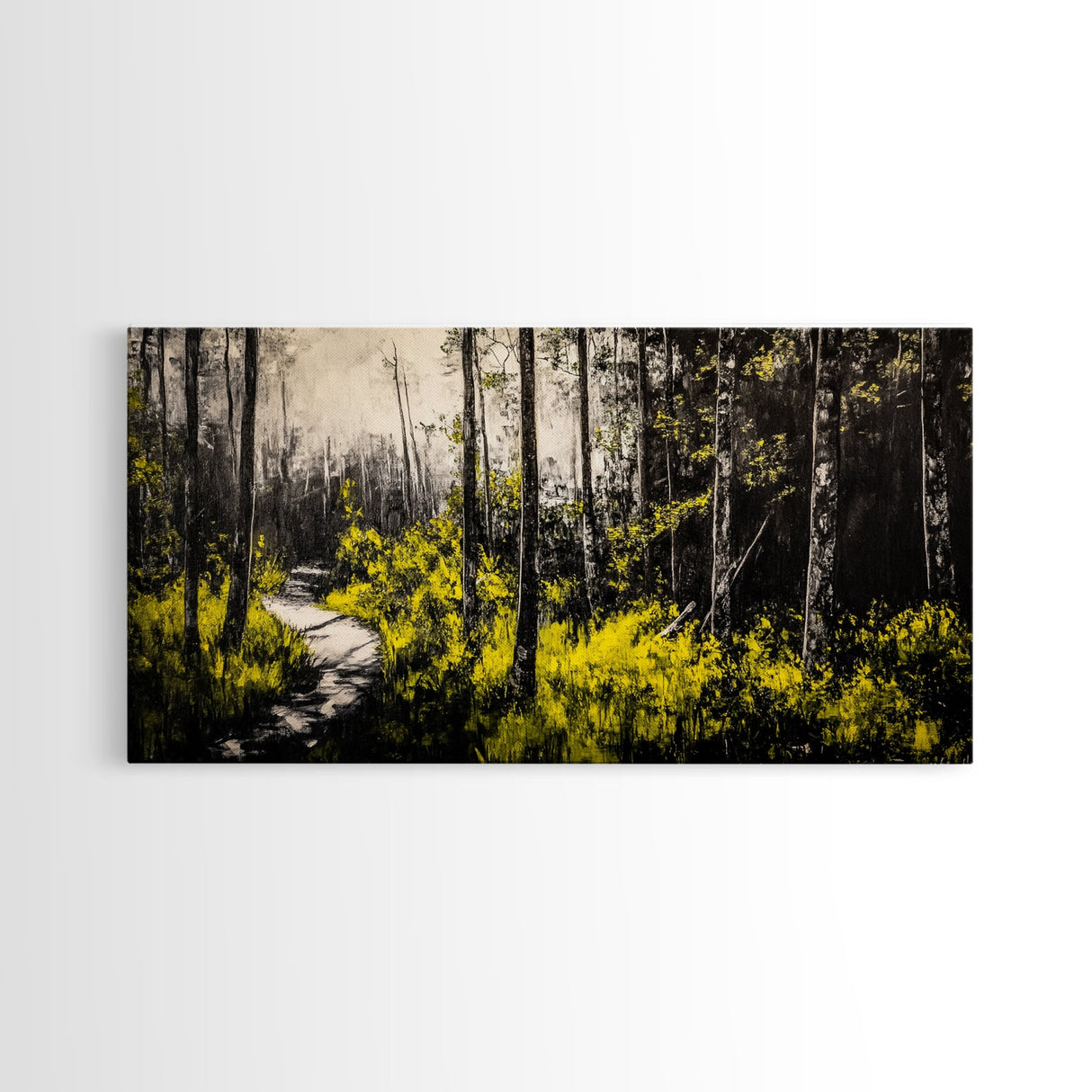 Forest Pathway, Autumn Woodland, Yellow Foliage, Moody Nature Art, Black and White, Peaceful Retreat, Cabin Wall Decor, Framed Canvas Print