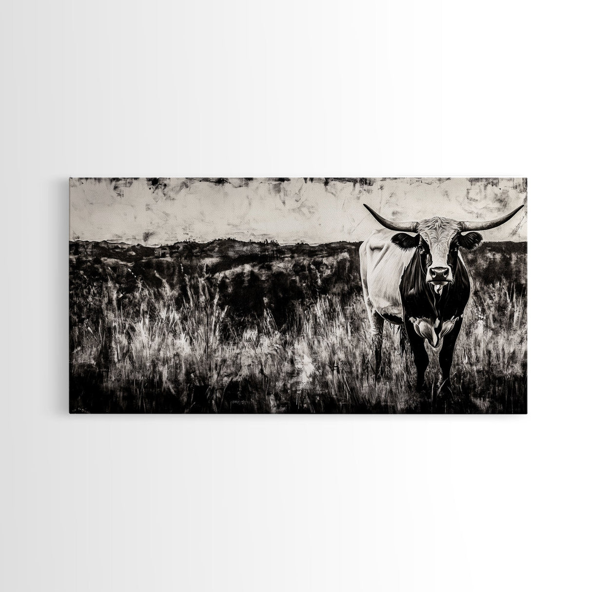 Texas Longhorn, Rustic Farmhouse, Black and White Western Art, Framed Canvas Print, Country Home Decor, Rustic Living Room Wall Art