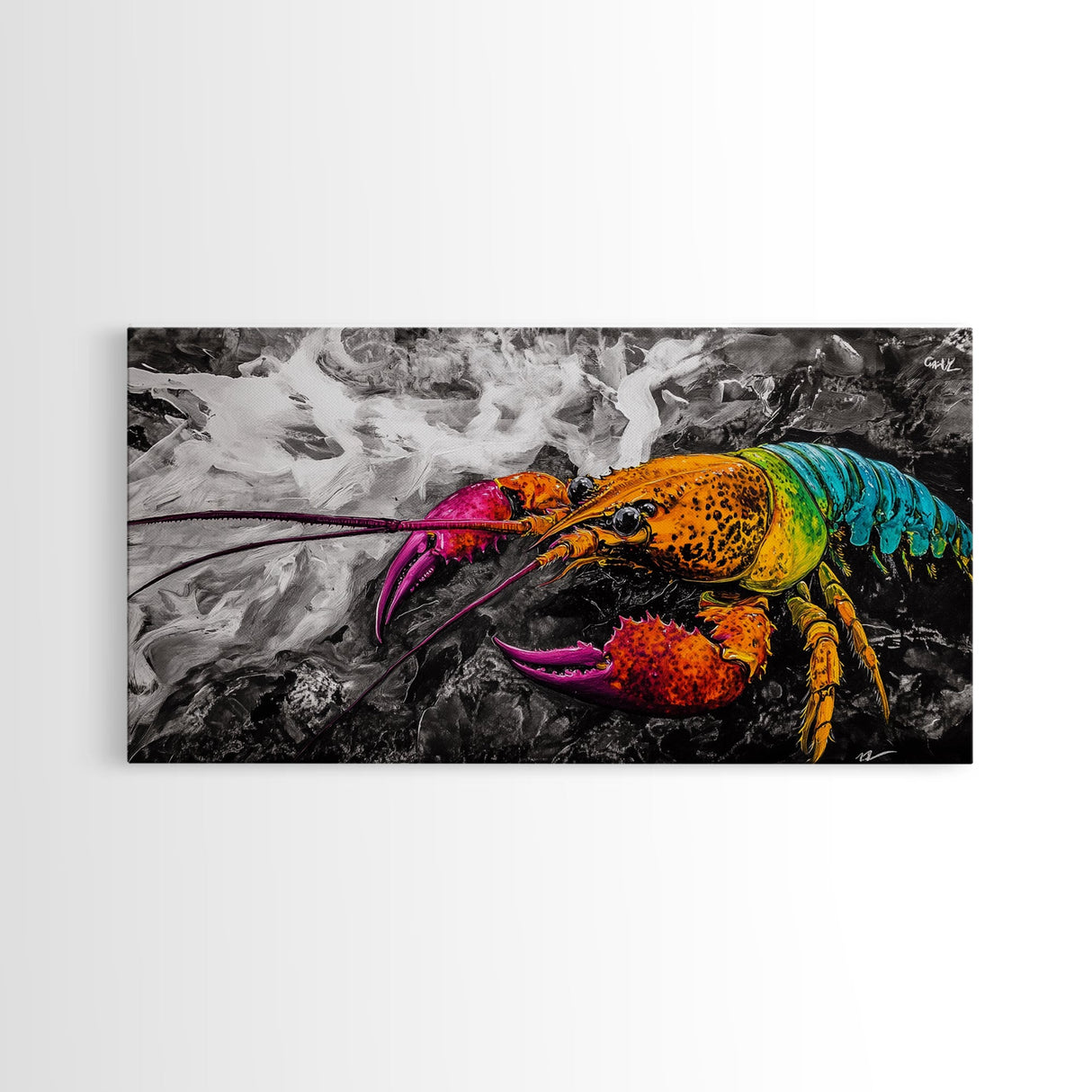 Rainbow Lobster, Colorful Crustacean, Bold Marine Art, Framed Canvas Print, Kitchen Decor, Vibrant Wall Art, Nautical Statement Piece