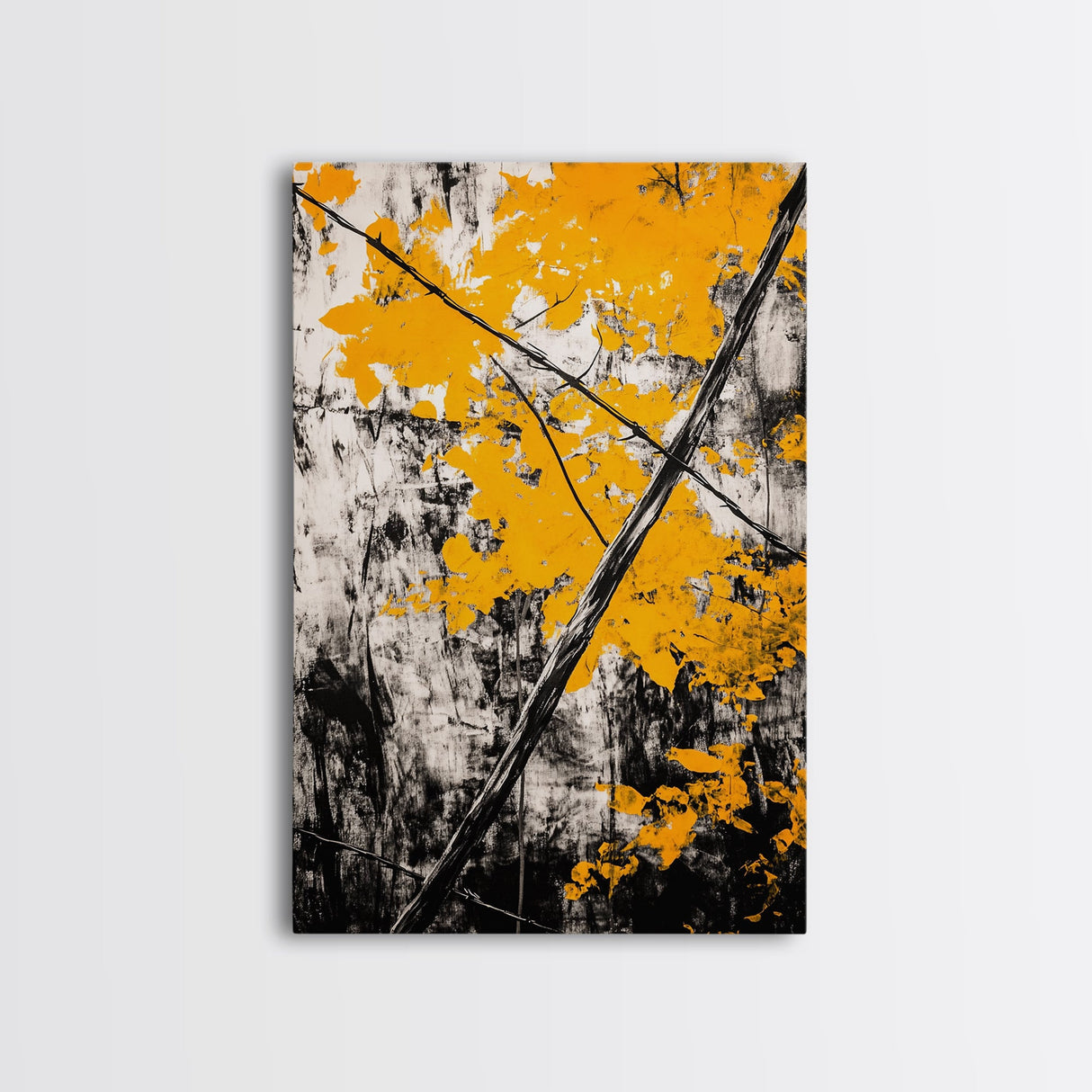 Abstract Autumn Leaves, Black White Orange, Nature Wall Art, Rustic Decor, Minimalist Fall Artwork, Living Room Art, Framed Canvas Print