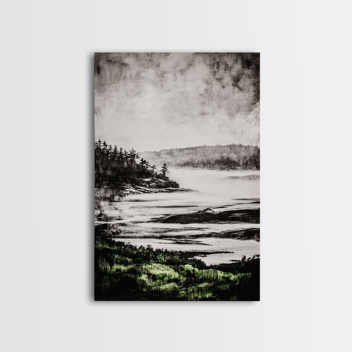 Misty Mountain View, Black and White Landscape, Minimalist Nature Wall Art, Bedroom Decor, Framed Canvas Print, Neutral Aesthetic