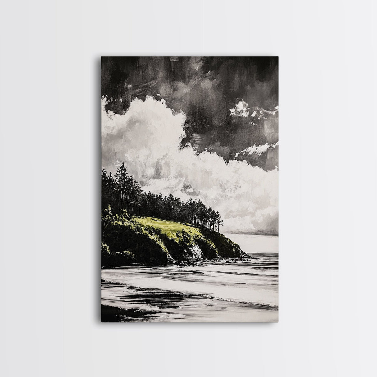 Coastal Cliffs, Black and White Landscape, Moody Sky Painting, Rustic Nature Wall Art, Office Decor, Framed Canvas Print