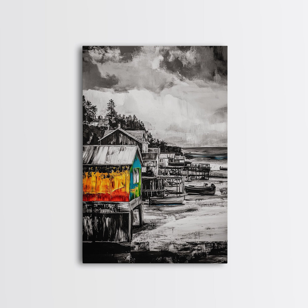 Rustic Seaside, Colorful Coastal Art, Nautical Wall Decor, Vibrant Fishing Village, Seascape Painting, Living Room Art, Canvas Print
