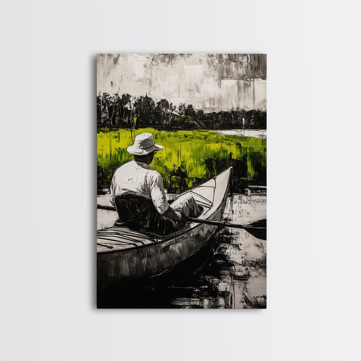 Kayaker River Scene, Black White Green Landscape, Peaceful Nature Art, Adventure Outdoor Wall Decor, Rustic Cabin Gift, Canvas Print